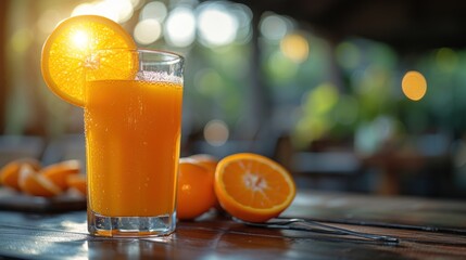 Sunlit Orange Juice, Freshly Squeezed Orange Juice, Golden Sunlight on Orange Juice, A Glass of Fresh Orange Juice.