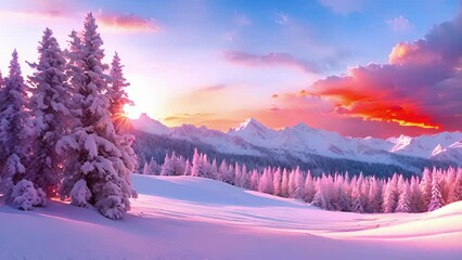 Wall Mural - vibrant colors paint the sky as the sun bids farewell to the snowcovered landscape.