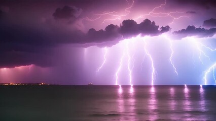 Wall Mural - the sea becomes an electrifying spectacle as lightning strikes in the distance.