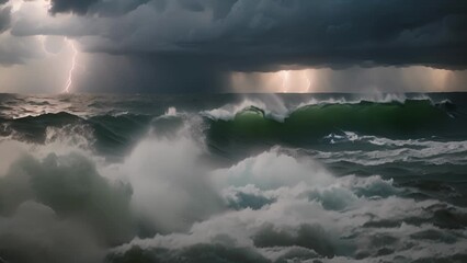 Wall Mural - amidst the stormy skies lightning strikes the sea with an intense energy.