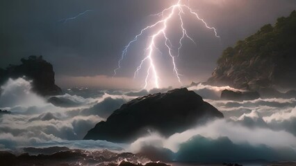 Wall Mural - from the safety of shore the magnificent yet intimidating sight of lightning striking the sea can be