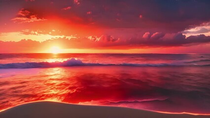Wall Mural - a fiery sunset above the oceans rim spreads a warm blanket of colors over the sky.