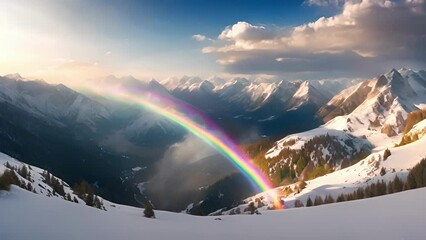 Wall Mural - a natural phenomenon of a rainbow gracing a sprawling valley.