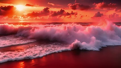 Wall Mural - a fiery red sunset over the ocean creates a perfect moment of tranquility in a sea of chaos.
