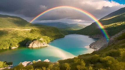 Wall Mural - a magical moment captured as a rainbow arches over a tranquil valley.
