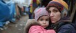 Little girl and her mother, Ukrainian war refugees seeking temporary shelter and assistance.