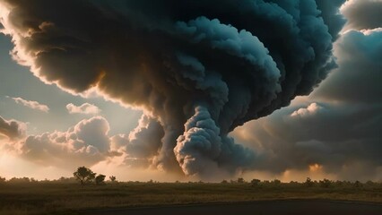 Wall Mural - The aftermath of a tornado leaves an otherworldly impression on the sky with a mix of menacing and serene clouds coexisting.