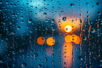 Wall Mural - an image of raindrops on a window, with the blurred outside world creating negative space. concept o