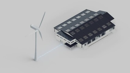 Wall Mural - Wind turbine connected to the warehouse. Wind energy powers the warehouse. Isometric view. Looping video.