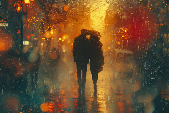 An image of a couple walking in a city, edited with faded colors to evoke a timeless romance. Concept of love stories with a vintage touch. Generative Ai.
