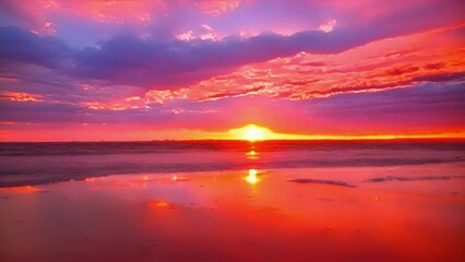Wall Mural - rich hues of red orange and gold paint the sky as the sun dips below the horizon with fiery clouds a