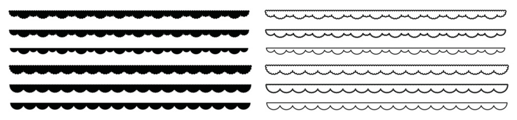 Outline silhouette scalloped border collection. Scallop edge shape silhouette set isolated on transparent.