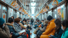 Passengers Inside A Subway Train Commuting.