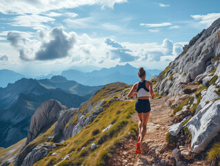 A vibrant young girl showcases their dedication to a healthy lifestyle as they conquer a challenging mountain trail during a trail running marathon.