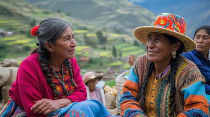 Wall Mural - South America native women in the mountains. Wearing traditional dresses.