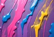 Messy paint strokes and smudges on an old painted wall. Pink, purple, yellow, blue color drips, flows, streaks of paint and paint sprays-