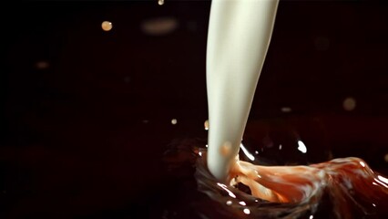 Poster - A stream of milk is poured into the black coffee. Filmed on a high-speed camera at 1000 fps. High quality FullHD footage