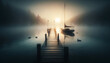 Tranquil dawn at a foggy dock with a moored sailboat, ducks, and soft light, offering a moment of solitude and reflection. Generative AI.