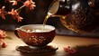 Mid-pour shot of tea being poured into a cup, showcasing the cultural and ceremonial aspect of Asian tea traditions