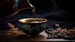 Mid-pour shot of tea being poured into a cup, showcasing the cultural and ceremonial aspect of Asian tea traditions