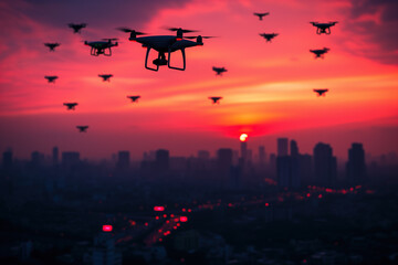 Wall Mural - drone swarm flying above the city into the sunset