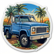 Vintage Blue Pickup Truck In Tropical Setting Illustration

