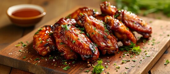 Wall Mural - Barbecue chicken wings served on a wooden tray, crispy and saucy.