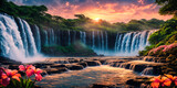 Fototapeta Zachód słońca - Fantasy landscape with waterfalls, panorama. Generative AI