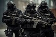 © Ifti Digital - A group of men, wearing gas masks and armed with guns, stand together, Three soldiers in full combat gear, wearing masked faces and carrying guns, AI Generated