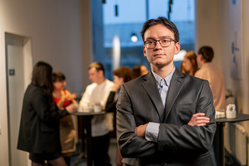 portrait of the owner of the company in glasses at a business conference during a coffee break work networking