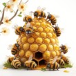Modelo 3D animado construcción de un panal de abejas, celdas hexagonales recurso gráfico educativo, lúdico, recreativo infantil divertido, color amarillo dorado, fondo blanco, floral, AI generativo