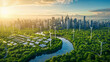 Innovative city with solar panels advanced, wind turbines and trees around the city, harnessing renewable energy sources and clean energy to power the metropolis sustainably.