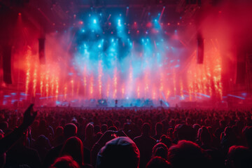 Wall Mural - A vertical photo of a concert, capturing both the stage and the audience in one frame. Concept of event photography optimized for mobile viewing. Generative Ai.