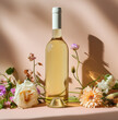 A bottle of wine in flowers, on a pink background in pastel colors. Top view with a meta for text. Advertising photo.	