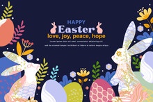 Happy Easter Banner With Frame Made Of Eggs  Bunnies And Spring Flowers In Flat Style. Vector Illustration