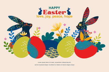 Wall Mural - Happy Easter banner with frame made of eggs  bunnies and spring flowers in flat style. vector illustration