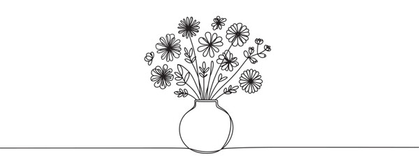 Wall Mural - vase with flowers in one line. continuous drawing of a vase with a bouquet of flowers