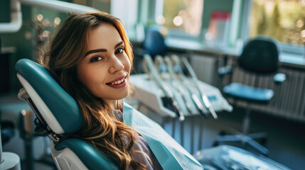 Young caucasian smiling woman sitting in dental chair at medical center.