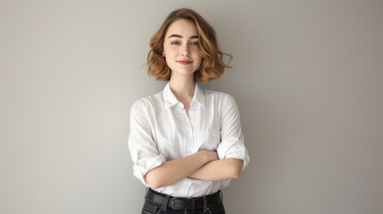 Wall Mural - woman with short blonde hair and a confident smile is wearing a white shirt and stands with her arms crossed against a light grey background