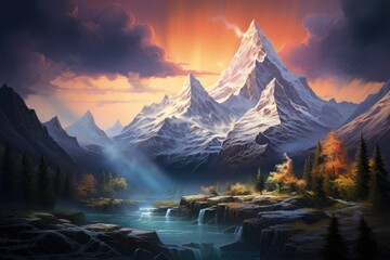 Canvas Print - Fantasy landscape with mountains and clouds. 3d illustration for game design, Stunning painted mountains with a realistic art style, AI Generated