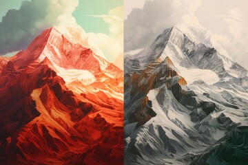 Canvas Print - Fantasy landscape with mountains, clouds and sun. 3d illustration, Stunning painted mountains with a realistic art style, AI Generated