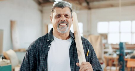 Poster - Senior man, carpenter and professional with wood at workshop for small business or supply chain. Portrait of mature male, builder or craftsman smile in confidence, woodwork production or management