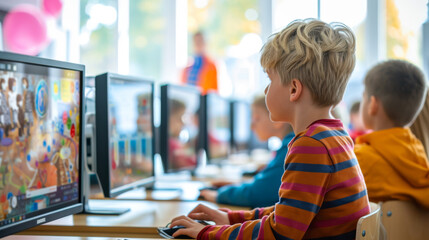 Poster - children intently looking at computer screens