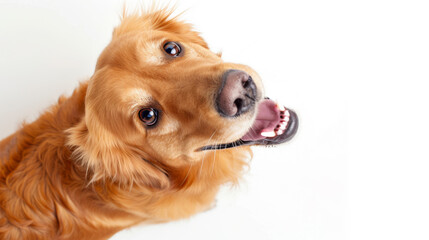 Wall Mural - adorable golden retriever looking up at the camera with a happy expression and its tongue out against a white background