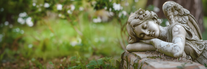 Grieving angel statue on green panoramic background with copy space, funeral services, sadness and mourning web banner