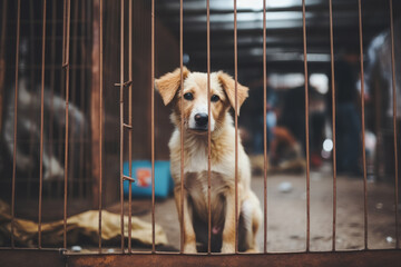 Stray homeless dog in animal shelter cage. Sad abandoned hungry dog behind old rusty grid of the cage in shelter for homeless animals. Dog adoption, rescue, help for pets