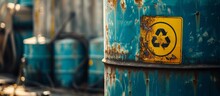 A Hazardous Sign On A Blue Barrel Tank In A Chemical Factory's Storage Yard.