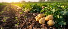 The Idea Of Cultivating Fresh, Organic New Potatoes In A Farmer's Field And Harvesting A Bountiful Crop Of Tubers.