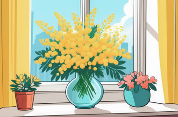 Wall Mural - Bouquet of mimosa in a vase on the windowsill