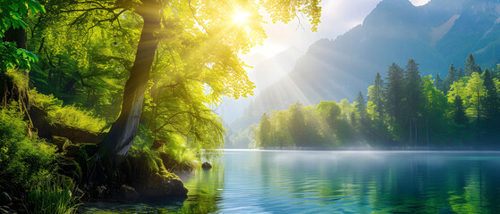 Perfect spring scene and morning meadow near the river with trees on the shore. Photo wallpaper.